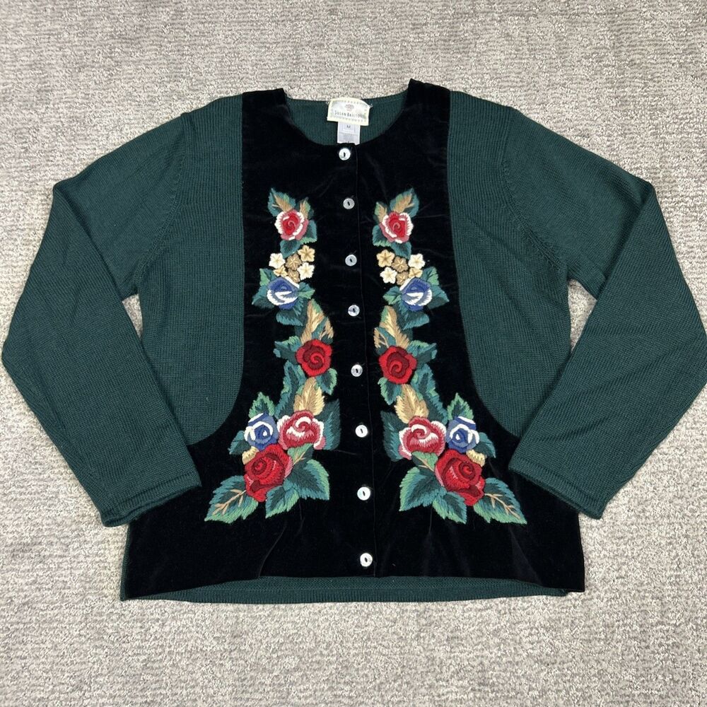 Susan Bristol Wool Cardigan Sweater Medium Velvet Embroidered Floral Holiday Vtg